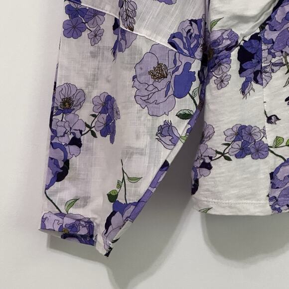 Anthropologie Blouse S V Neck Ruched Purple Floral Ballon Sleeve Boho Summer Top - Picture 4 of 11